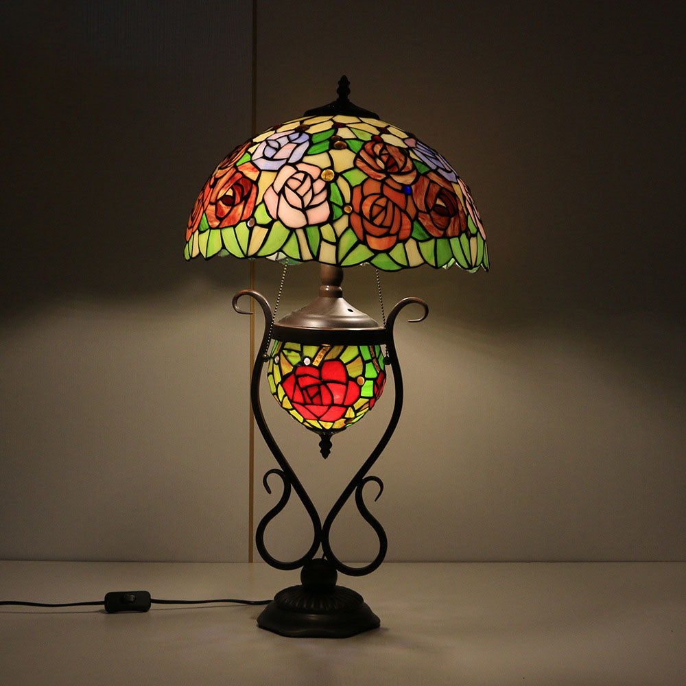 Floral Stained Glass Round 3-Light Table Lamp