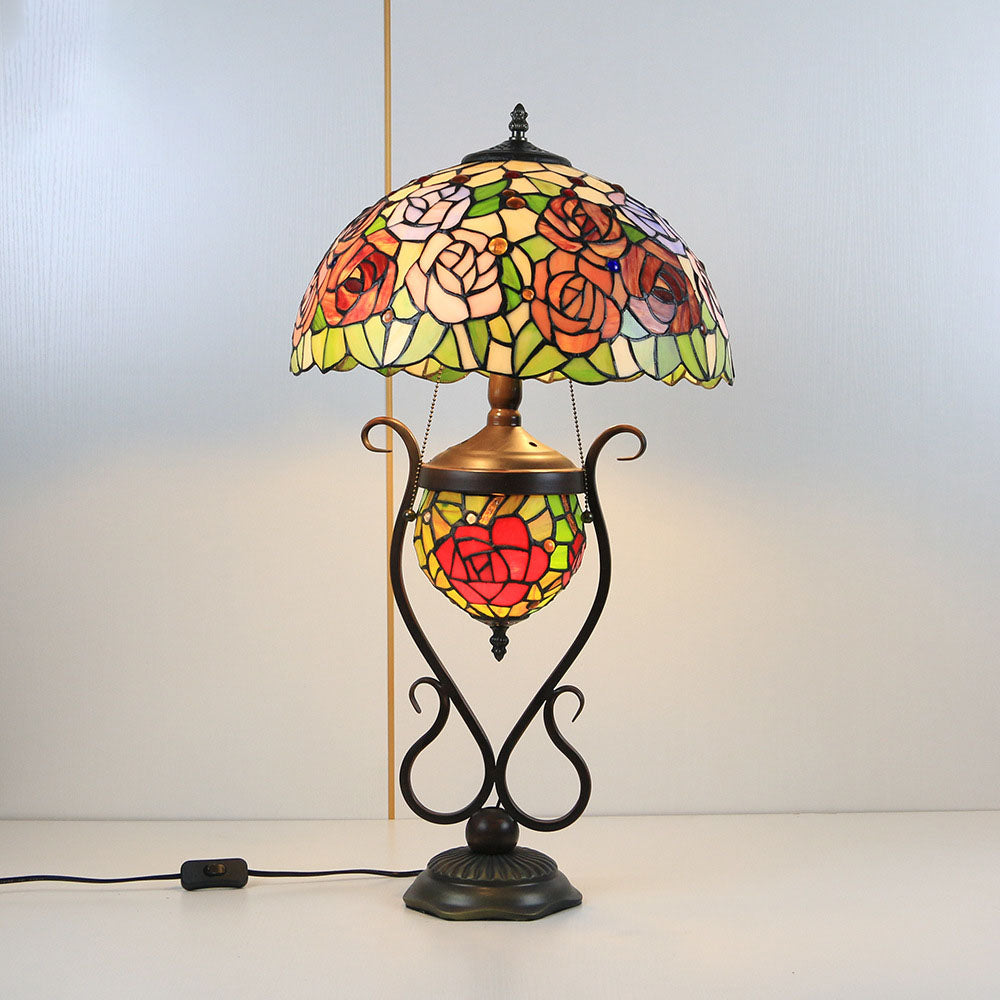 Floral Stained Glass Round 3-Light Table Lamp