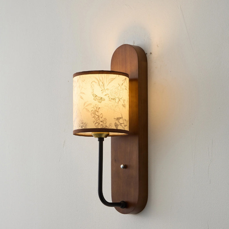 Rubberwood Metal Fabric Cylindrical Wall Lamp