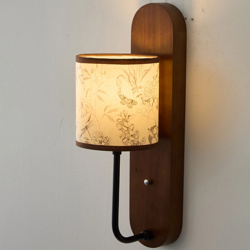 Rubberwood Metal Fabric Cylindrical Wall Lamp