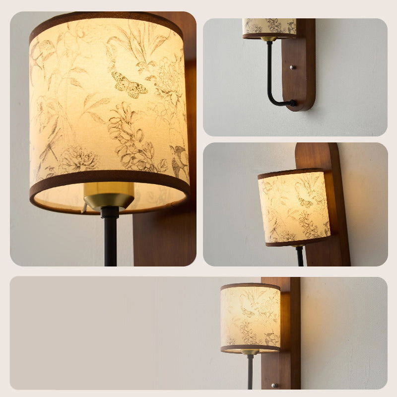 Rubberwood Metal Fabric Cylindrical Wall Lamp
