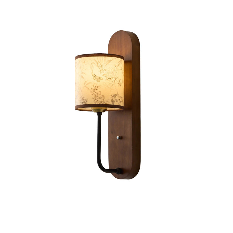 Rubberwood Metal Fabric Cylindrical Wall Lamp
