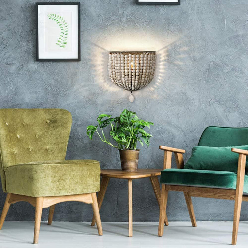 Solid Wood Iron Beaded Wall Lamp