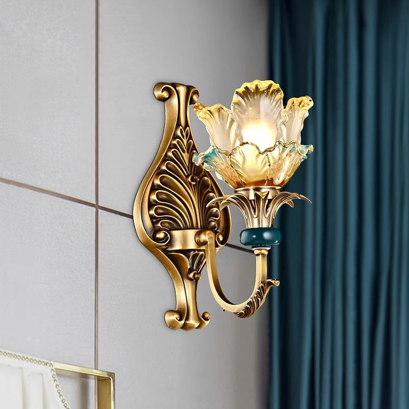 Flower-Shaped Copper Glass Bedroom Wall Lamp