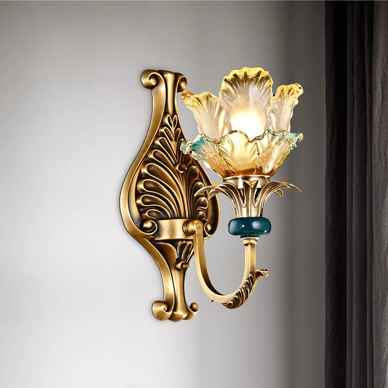 Flower-Shaped Copper Glass Bedroom Wall Lamp