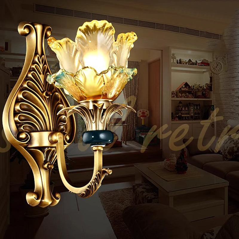 Flower-Shaped Copper Glass Bedroom Wall Lamp
