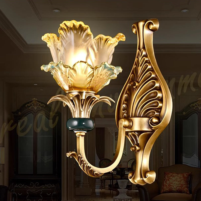 Flower-Shaped Copper Glass Bedroom Wall Lamp