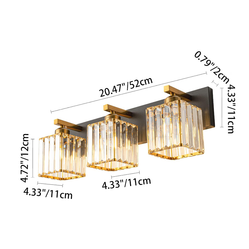 Square Metal Crystal Vanity 3-Light Wall Lamp