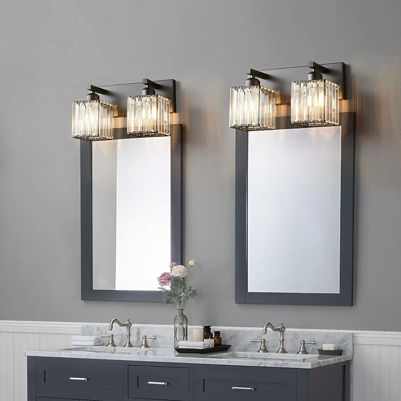 Square Metal Crystal Vanity 3-Light Wall Lamp