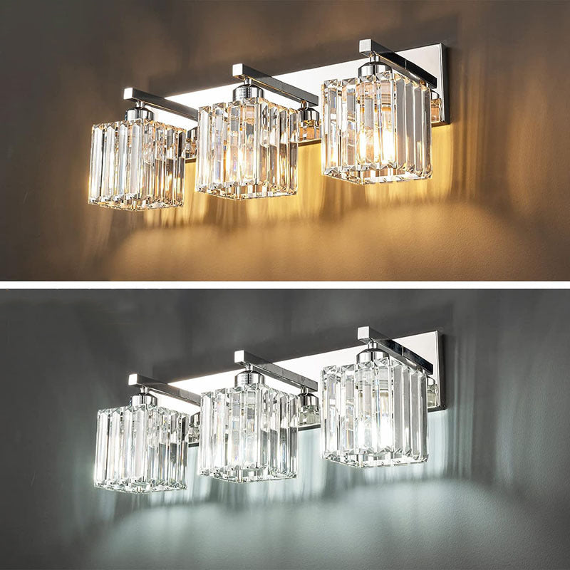 Square Metal Crystal Vanity 3-Light Wall Lamp