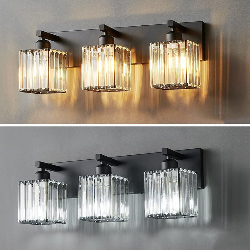 Square Metal Crystal Vanity 3-Light Wall Lamp