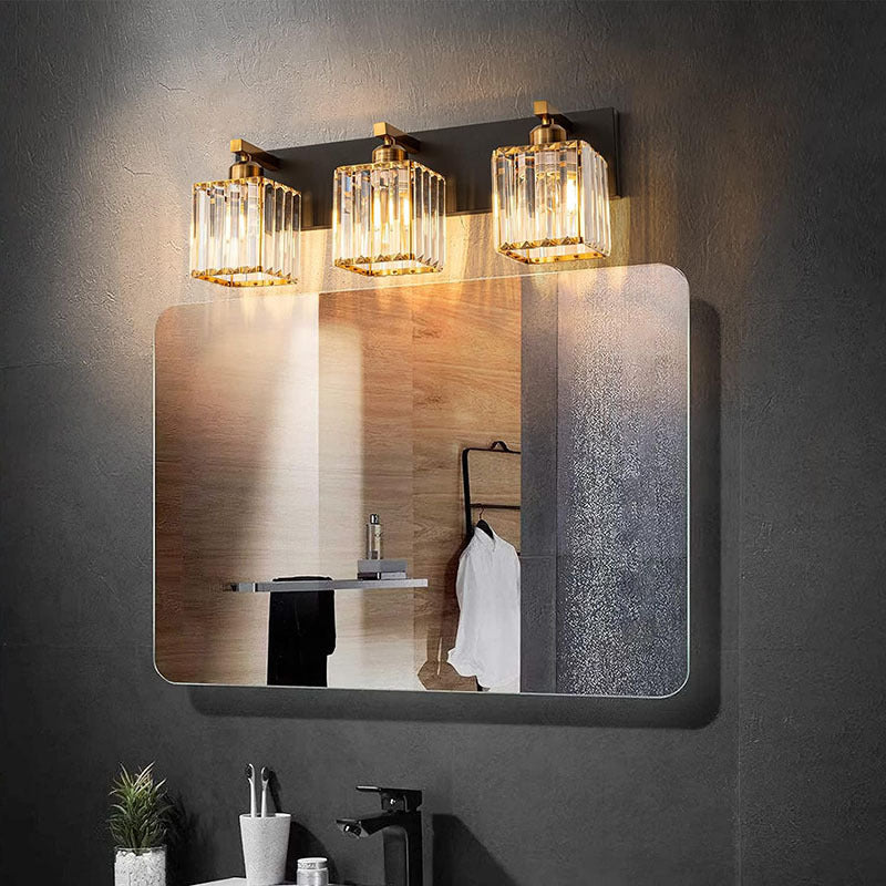 Square Metal Crystal Vanity 3-Light Wall Lamp
