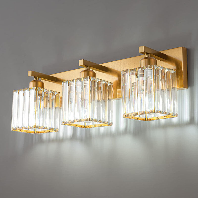 Square Metal Crystal Vanity 3-Light Wall Lamp