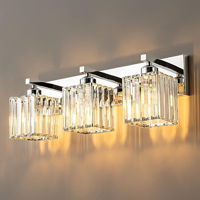 Square Metal Crystal Vanity 3-Light Wall Lamp