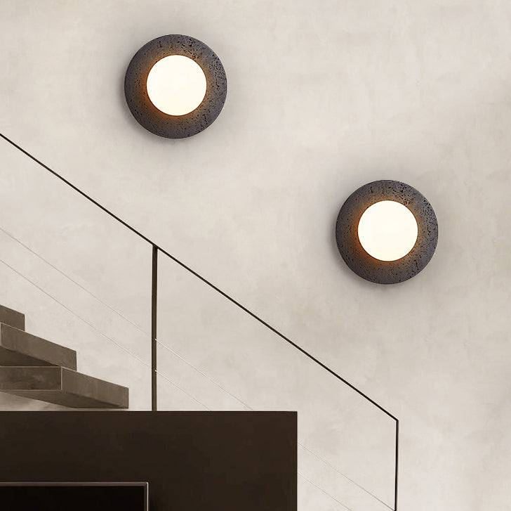 Round Black Travertine Glass Wall Lamp