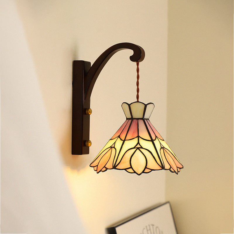 Conical Pattern Oak Glass Wall Lamp