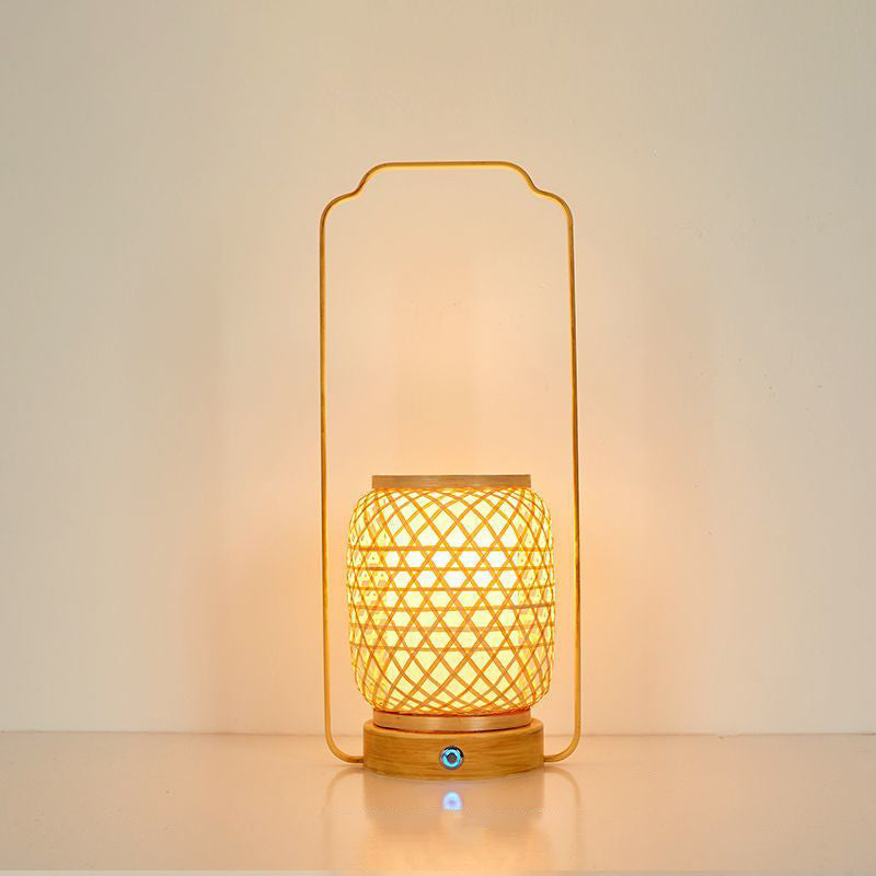 Cylinder Bamboo Weaving Glass Table Lamp