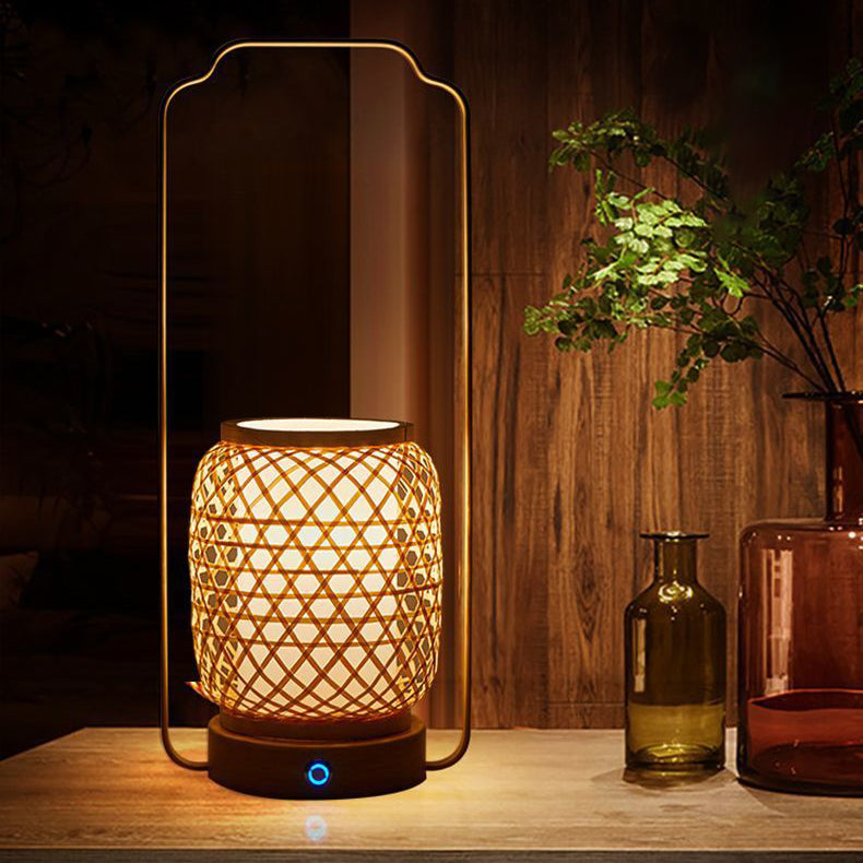 Cylinder Bamboo Weaving Glass Table Lamp