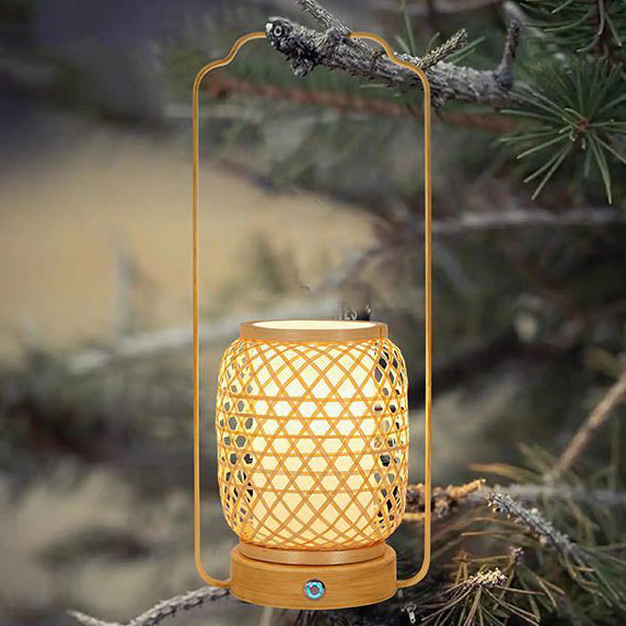 Cylinder Bamboo Weaving Glass Table Lamp