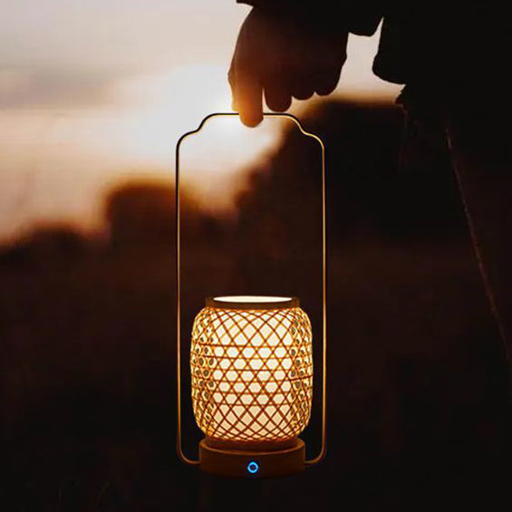 Cylinder Bamboo Weaving Glass Table Lamp