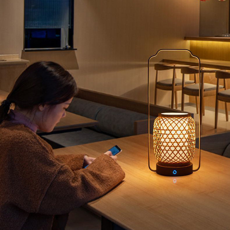 Cylinder Bamboo Weaving Glass Table Lamp