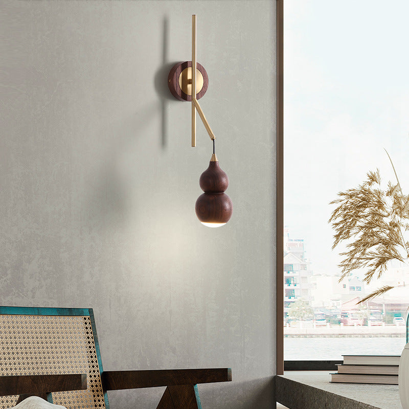 Gourd Copper Walnut Lampshade Wall Lamp