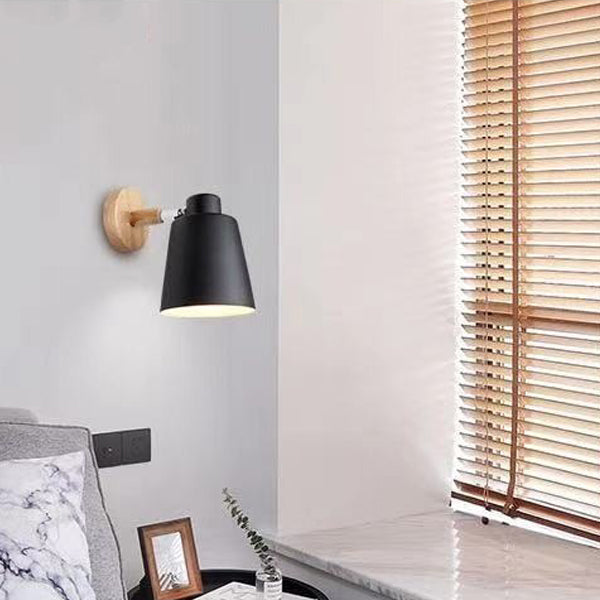 Cylindrical Iron Wood Bedroom Wall Lamp