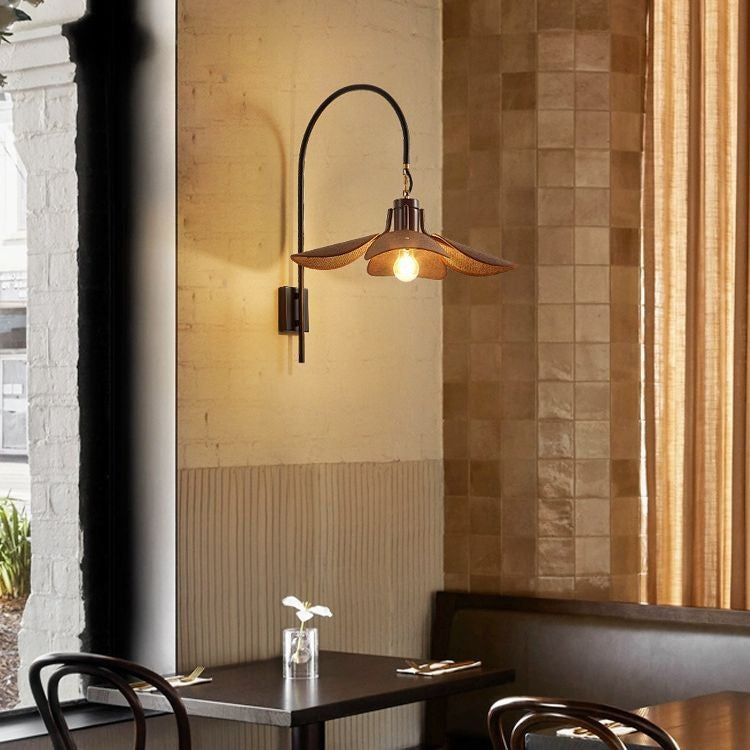 Wood Iron Curved Arm Wall Lamp
