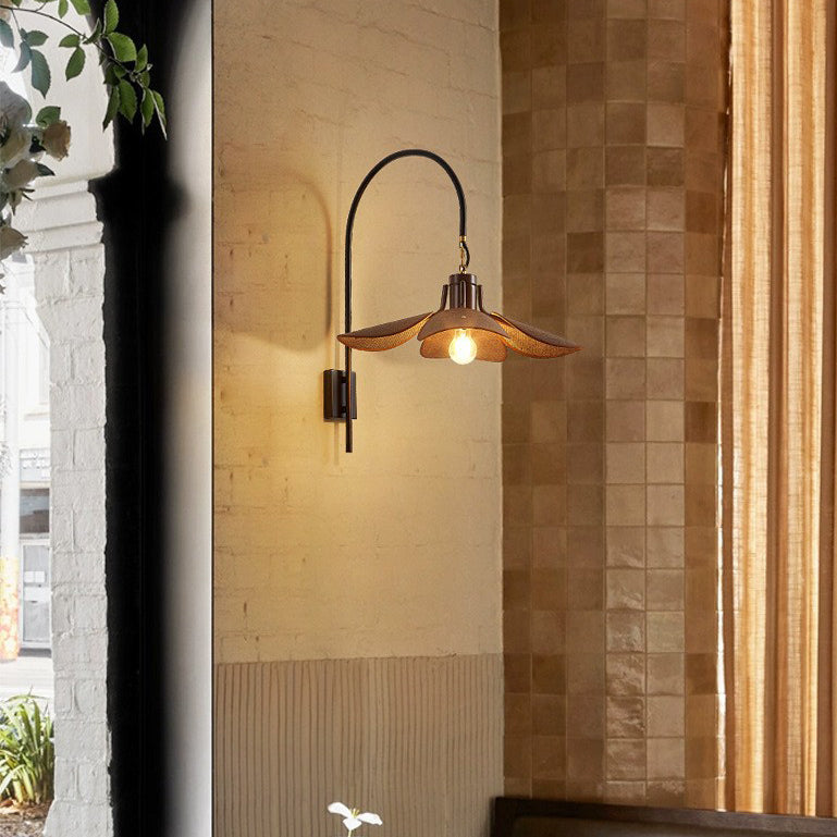 Wood Iron Curved Arm Wall Lamp