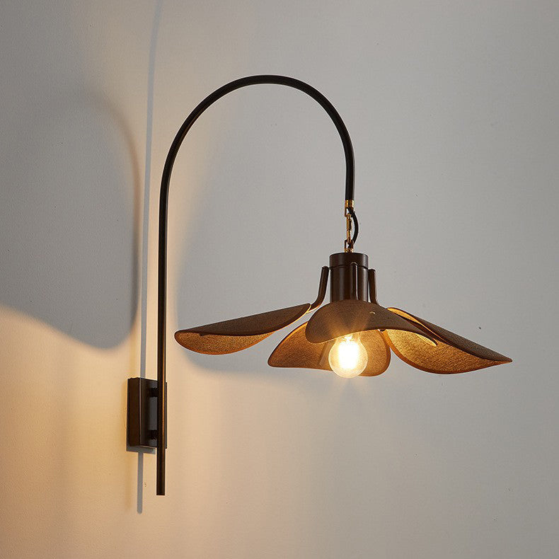 Wood Iron Curved Arm Wall Lamp