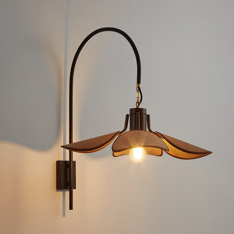 Wood Iron Curved Arm Wall Lamp