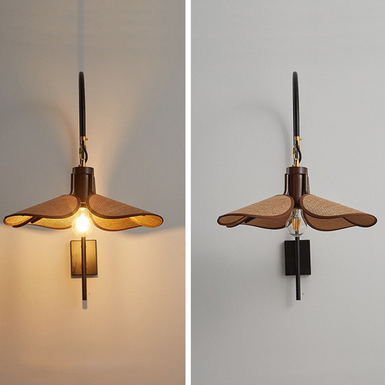 Wood Iron Curved Arm Wall Lamp