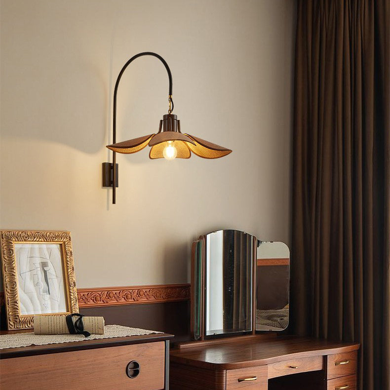 Wood Iron Curved Arm Wall Lamp
