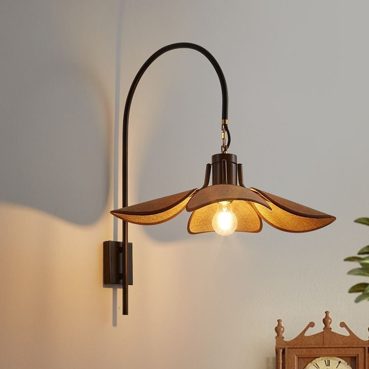 Wood Iron Curved Arm Wall Lamp