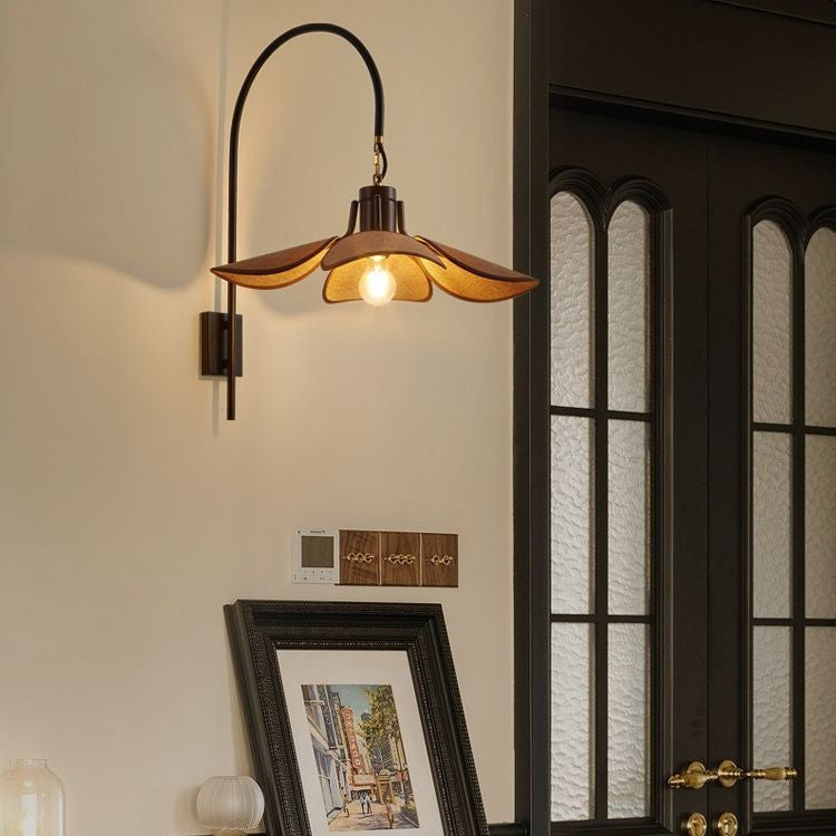 Wood Iron Curved Arm Wall Lamp