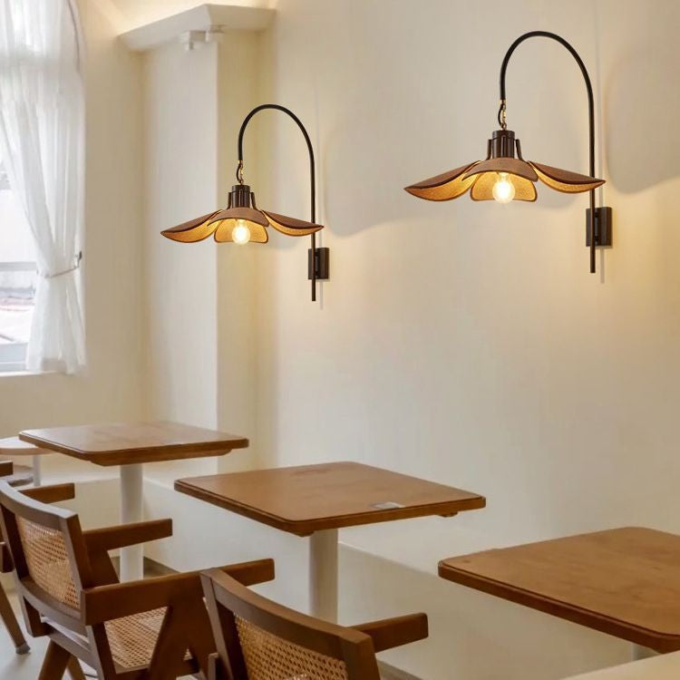 Wood Iron Curved Arm Wall Lamp