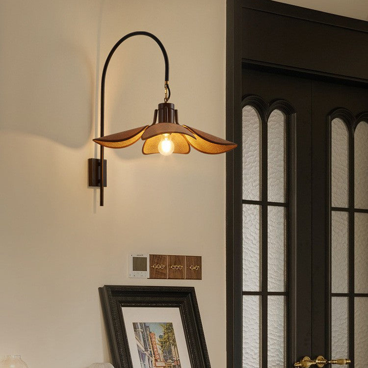 Wood Iron Curved Arm Wall Lamp