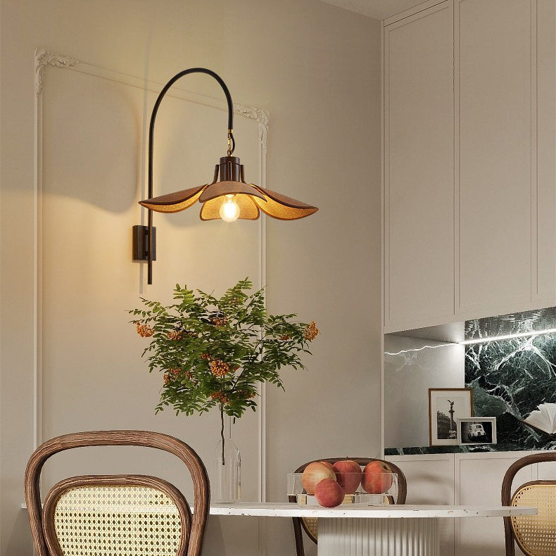 Wood Iron Curved Arm Wall Lamp