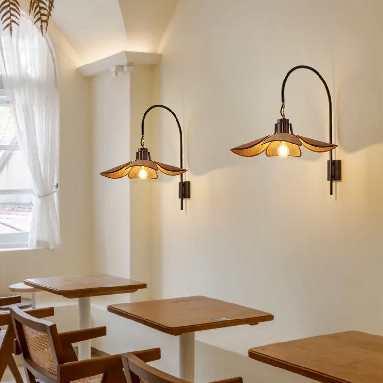Wood Iron Curved Arm Wall Lamp