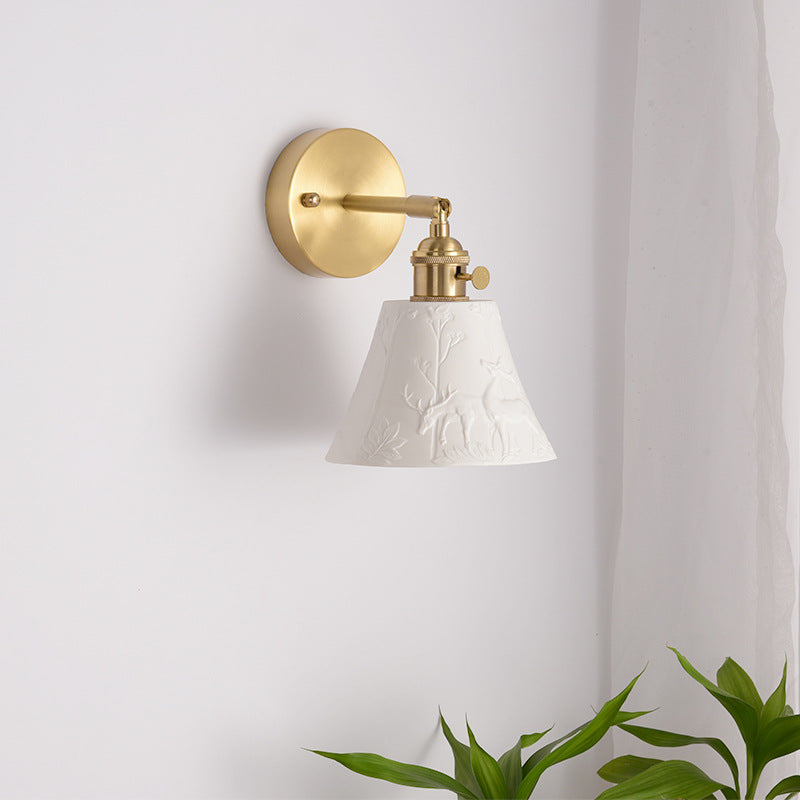 Brass Ceramic Round Elk-Print Wall Lamp