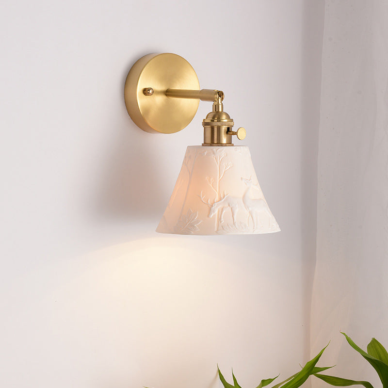 Brass Ceramic Round Elk-Print Wall Lamp