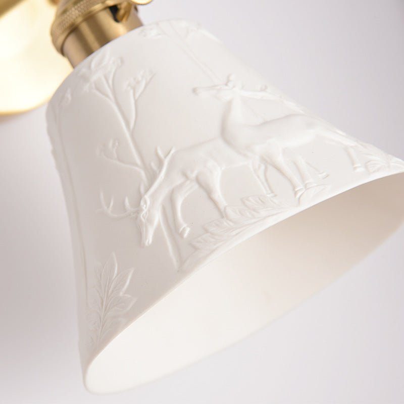 Brass Ceramic Round Elk-Print Wall Lamp