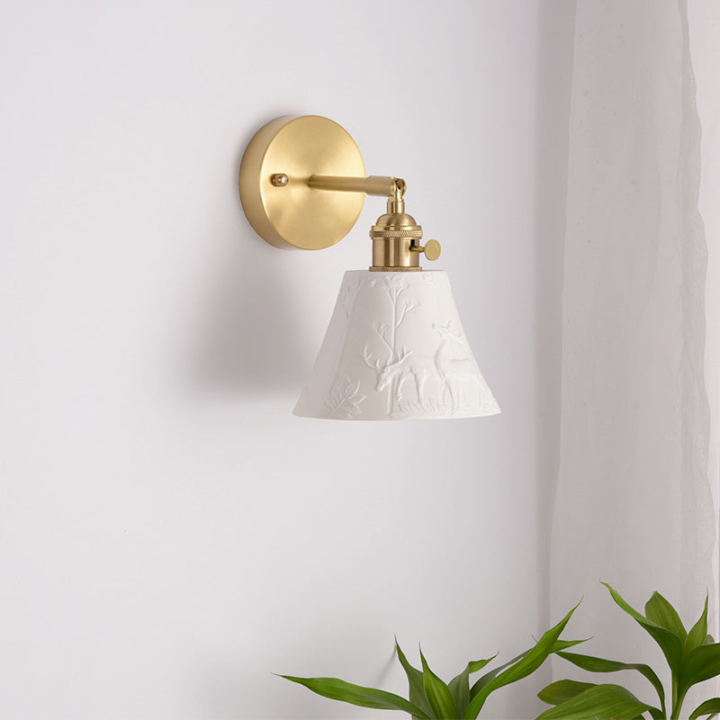 Brass Ceramic Round Elk-Print Wall Lamp