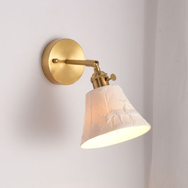 Brass Ceramic Round Elk-Print Wall Lamp