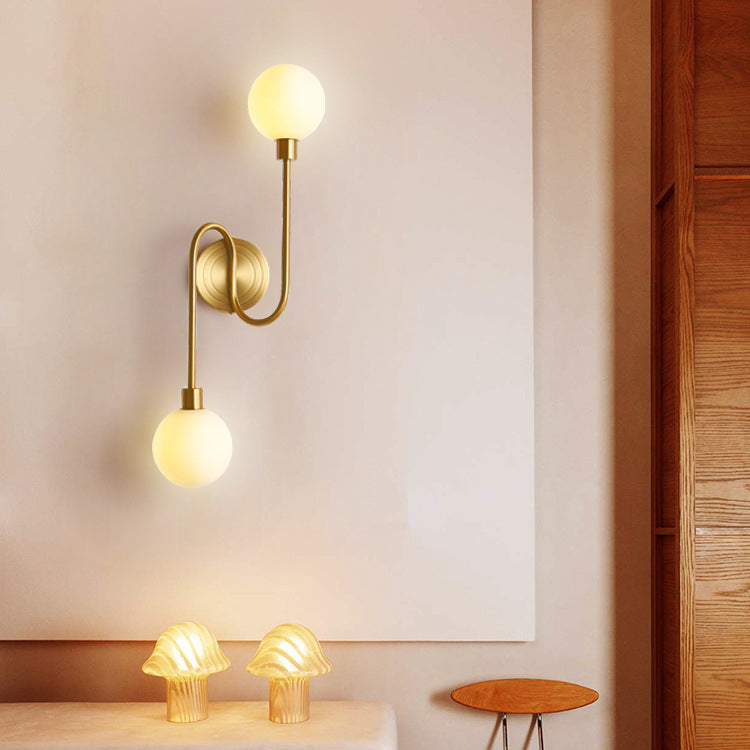 Brass Curved Rod Globe 2-Light Wall Lamp