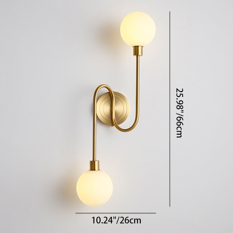 Brass Curved Rod Globe 2-Light Wall Lamp