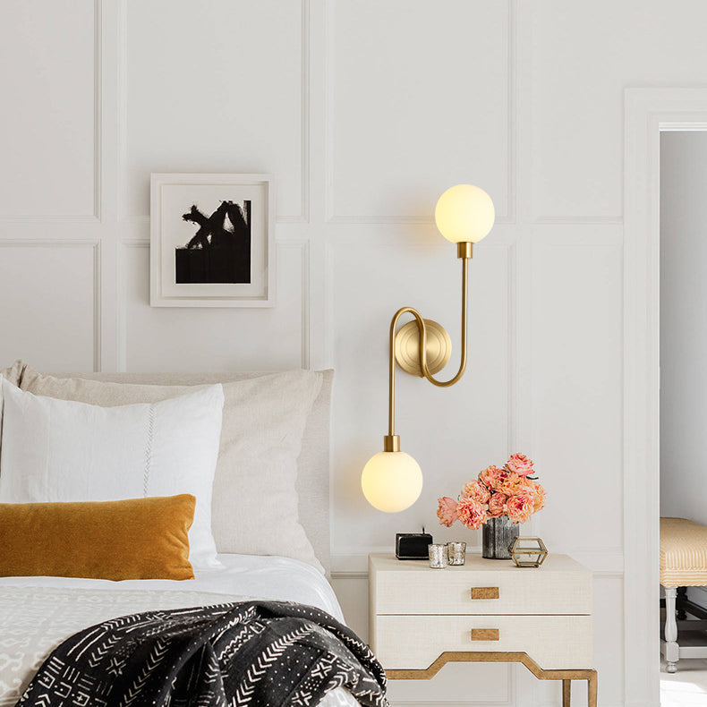 Brass Curved Rod Globe 2-Light Wall Lamp