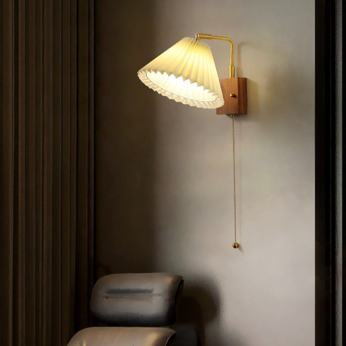 Brass Walnut Pleated Fabric Wall Lamp