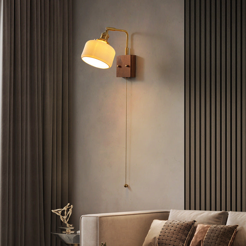 Brass Walnut Pleated Fabric Wall Lamp
