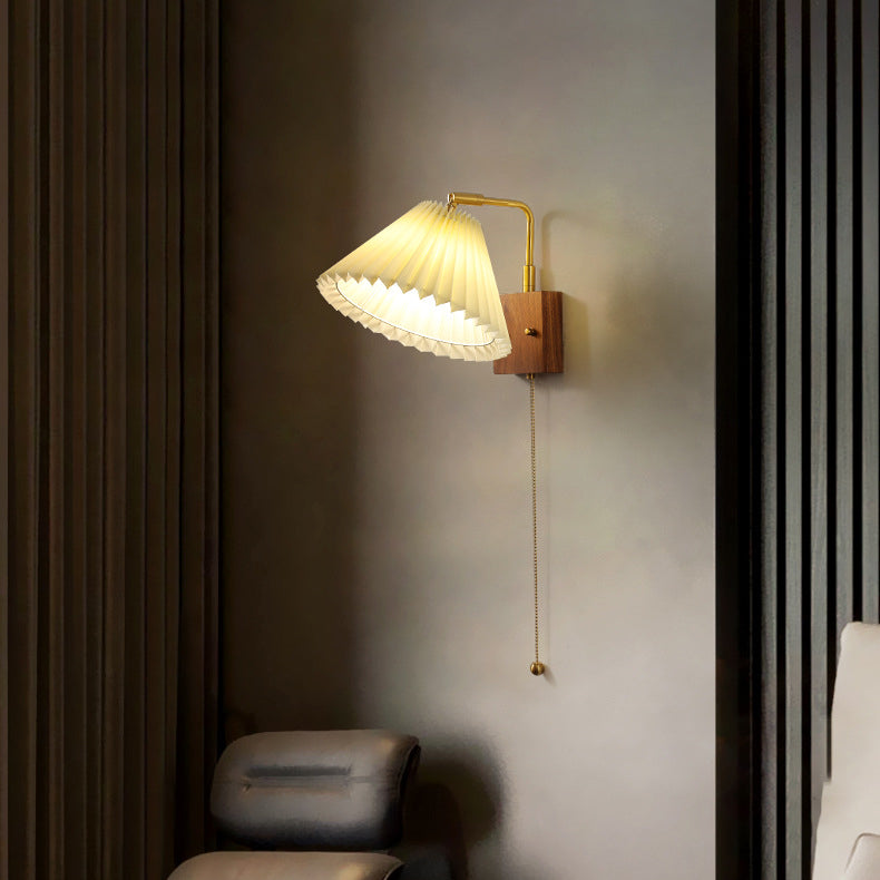 Brass Walnut Pleated Fabric Wall Lamp